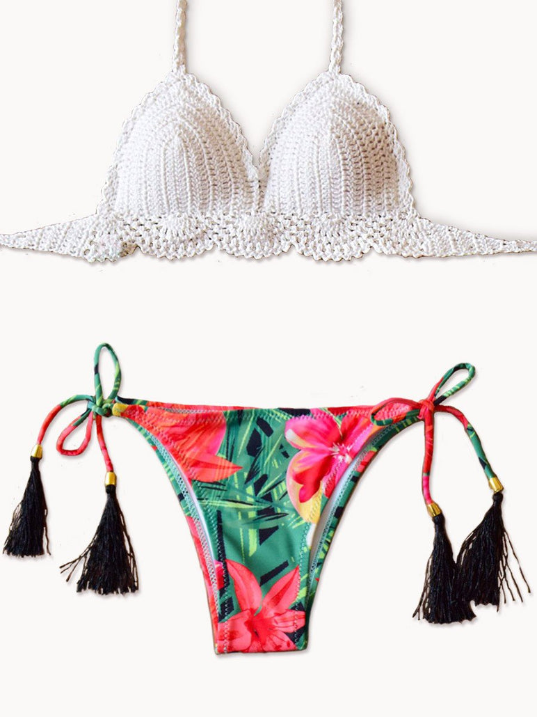 Crochet Top Bikini with Floral Bottom