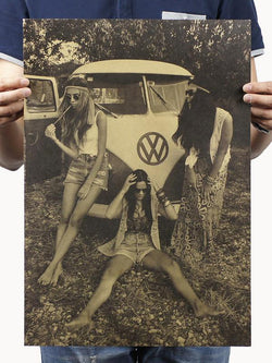 Hippie Girls and Van Vintage Poster