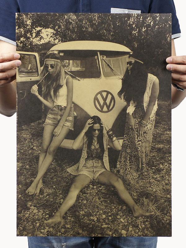 Hippie Girls and Van Vintage Poster